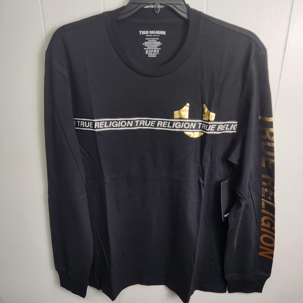 True Religion Shirt‎ Mens XL Black Foil Taping Long Sleeve Gold Logo Streetwear